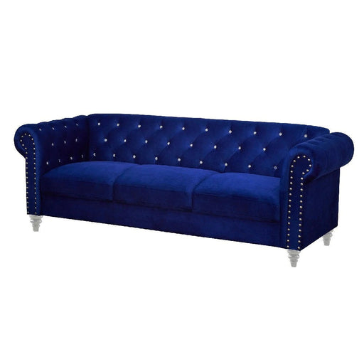 Benzara Ben 83 Inch Velvet Sofa With Crystal Tufted Back, Royal Blue BM271909