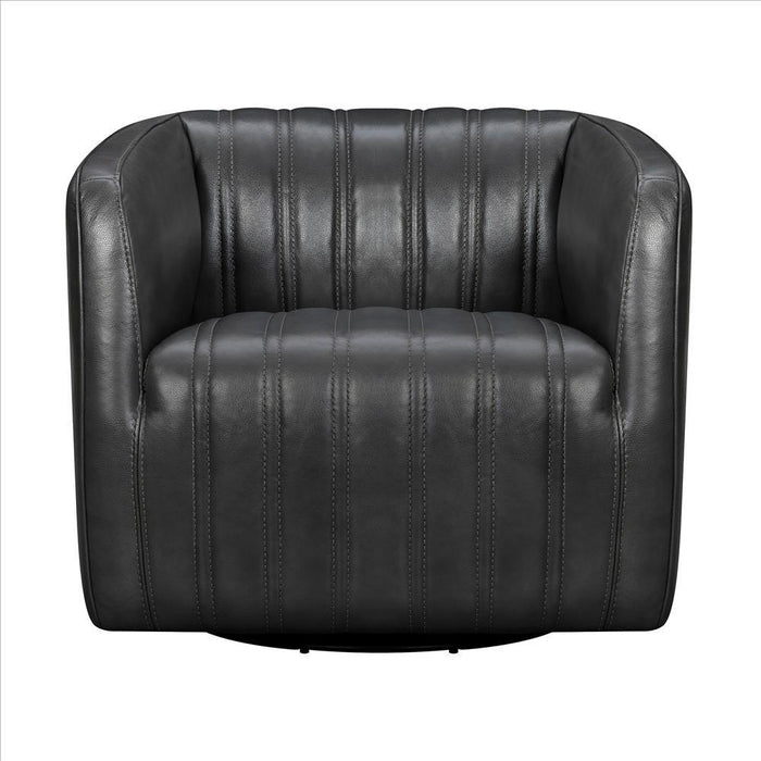 Benzara Leather Swivel Barrel Chair With Stitched Details, Dark Gray BM236595