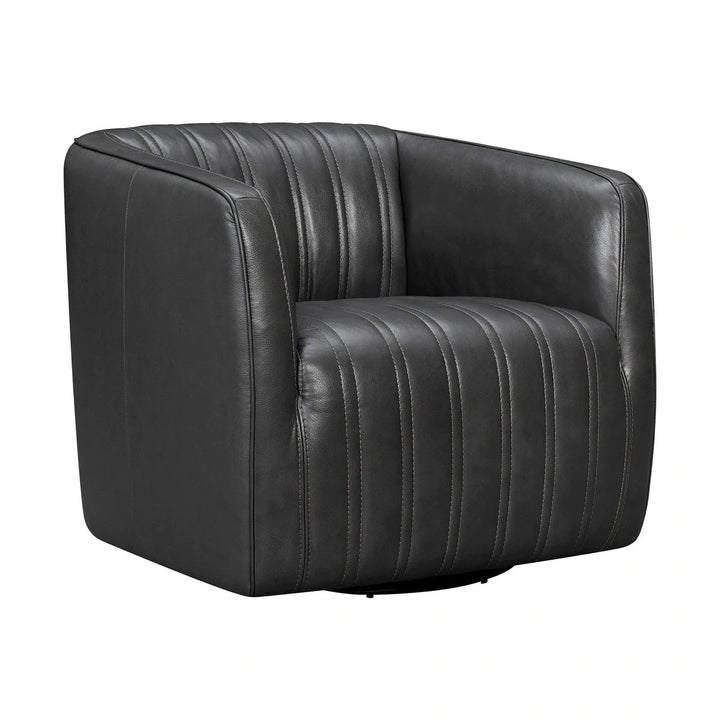 Benzara Leather Swivel Barrel Chair With Stitched Details
