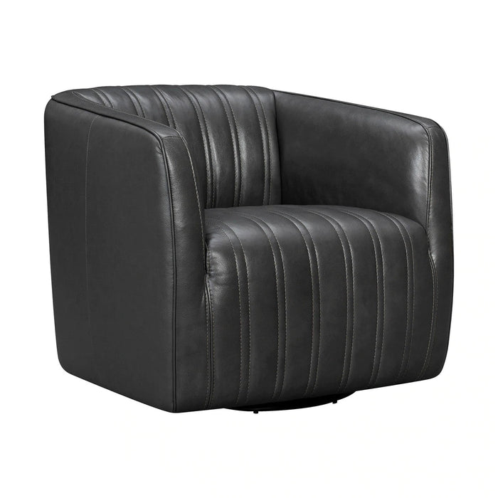 Benzara Leather Swivel Barrel Chair With Stitched Details, Dark Gray BM236595