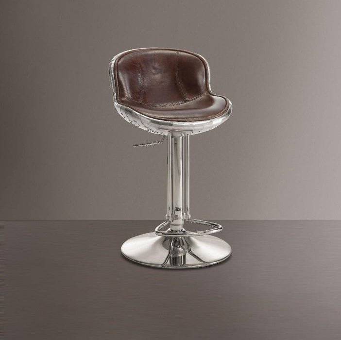 Benzara Leatherette Adjustable Metal Frame Stool With Swivel, Brown And Silver BM157315