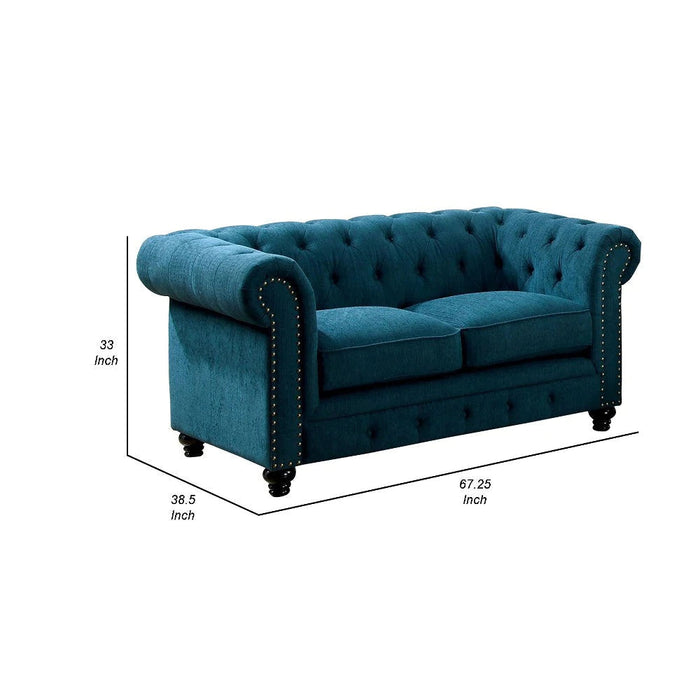 Benzara Loveseat With Button Tufted Backrest And Rolled Design Arms, Blue BM263137