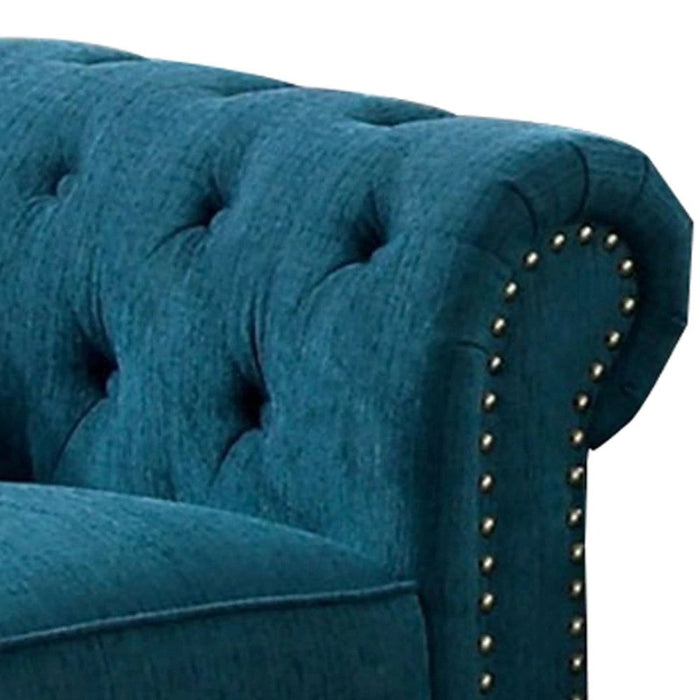 Benzara Loveseat With Button Tufted Backrest And Rolled Design Arms, Blue BM263137