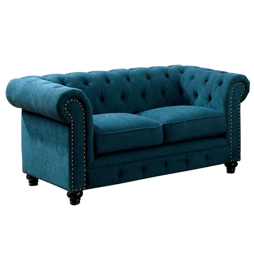 Benzara Loveseat With Button Tufted Backrest And Rolled Design Arms, Blue BM263137