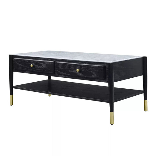 Benzara Marble Top Coffee Table With 2 Drawers And 1 Bottom Shelf In Black And White BM211094