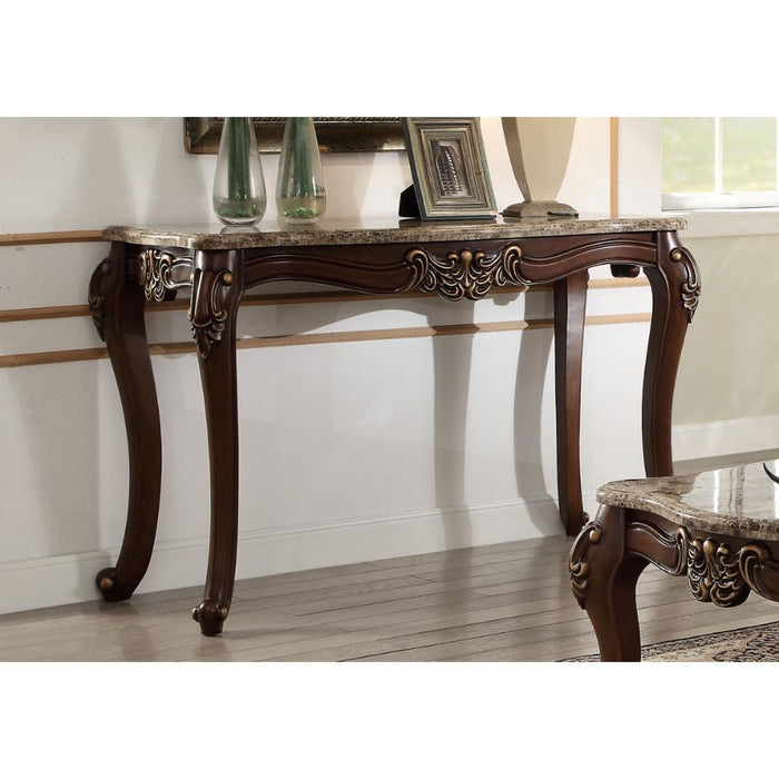 Benzara Marble Top Sofa Table With Carved Floral Motifs Wooden Feet, Brown BM185784