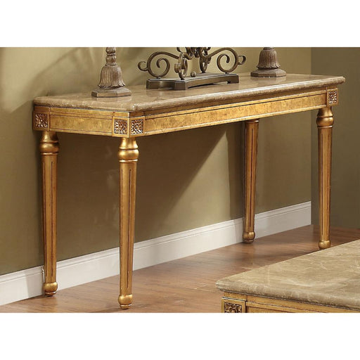 Benzara Marble Top Sofa Table With Fluted Detail Wooden Turned Legs, Gold BM185786