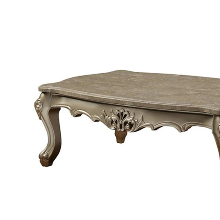 Benzara Marble Top Wooden Coffee Table With Queen Anne Style Legs, Champagne Gold BM186279
