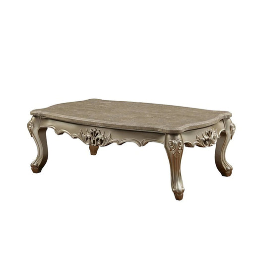Benzara Marble Top Wooden Coffee Table With Queen Anne Style Legs, Champagne Gold BM186279