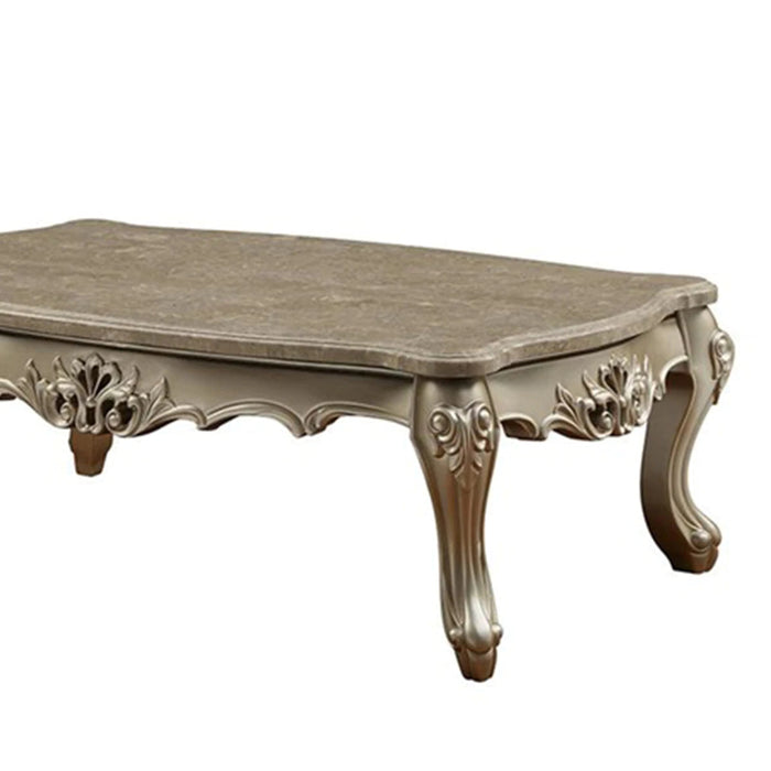 Benzara Marble Top Wooden Coffee Table With Queen Anne Style Legs, Champagne Gold BM186279