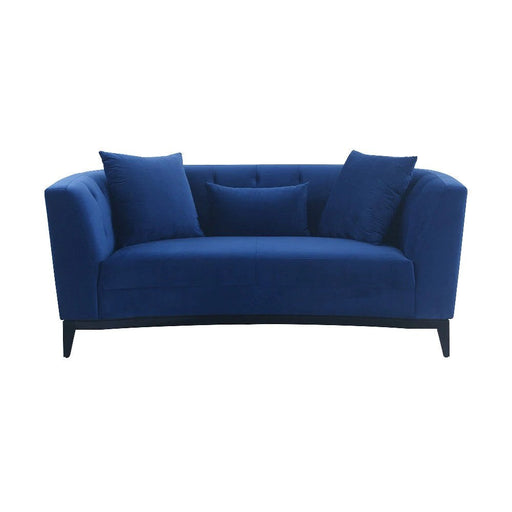 Benzara Melange Blue Velvet Upholstered Loveseat With Black Wood Base BM246046