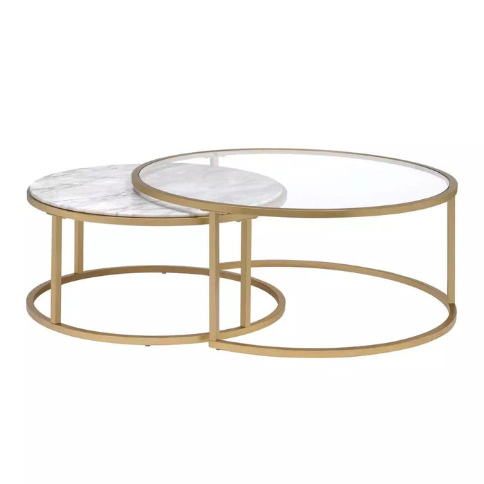 Benzara Metal Framed Nesting Coffee Tables With Glass And Marble Tops, Set Of Two, Gold BM193836