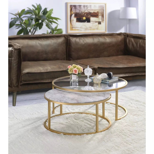 Benzara Metal Framed Nesting Coffee Tables With Glass And Marble Tops, Set Of Two, Gold BM193836