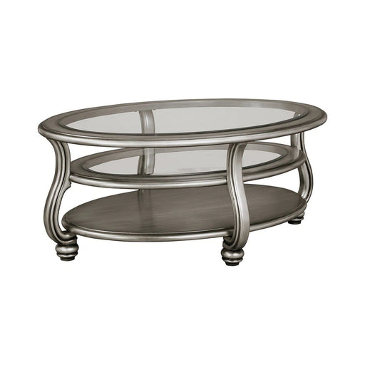 Benzara Oval Wooden And Glass Cocktail Table 2 Open Bottom Shelves, Antique Silver BM227434