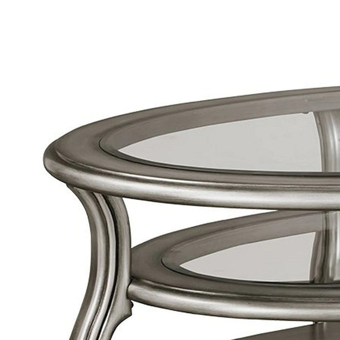 Benzara Oval Wooden And Glass Cocktail Table 2 Open Bottom Shelves, Antique Silver BM227434