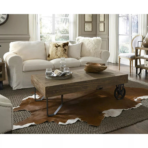 Benzara Rectangular Thick Wood Top Coffee Table With Sand Cast Metal Base, Brown BM187776