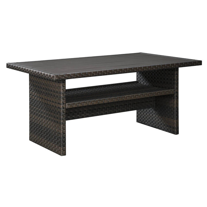Benzara Rectangular Wicker Woven Aluminum Frame Table With Open Shelf In Dark Brown BM213289
