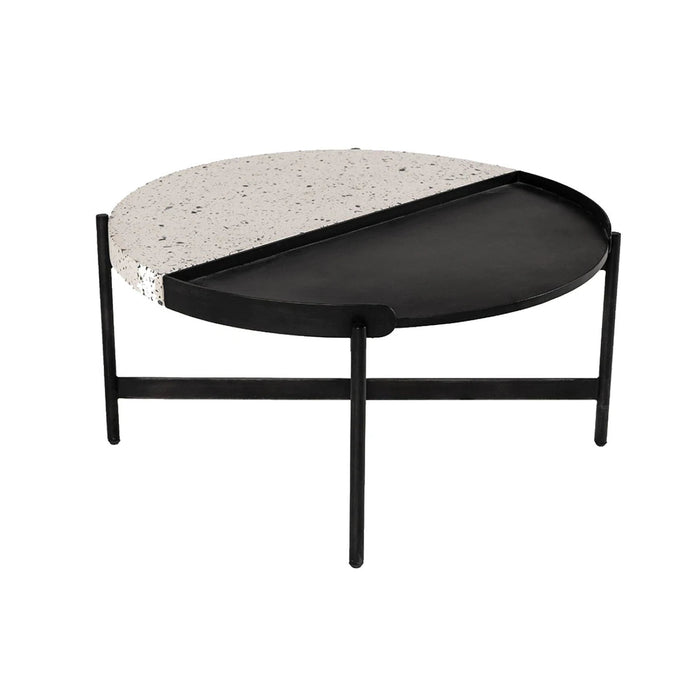Benzara Round Coffee Table With Segregated Metal And Concrete Top, Black And White BM223450