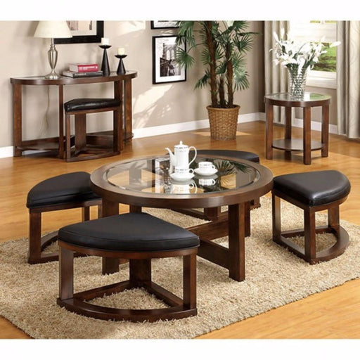 Benzara Round Wooden Coffee Table With Stylish Wedge Shaped 4 Ottomans BM172710