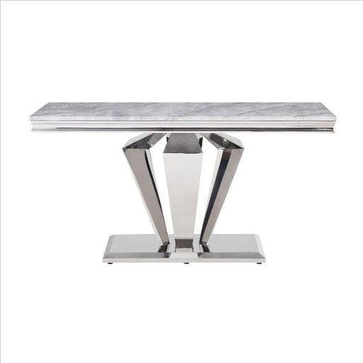 Benzara Sofa Table With Faux Marble Top And Steel Base, Silver BM261691
