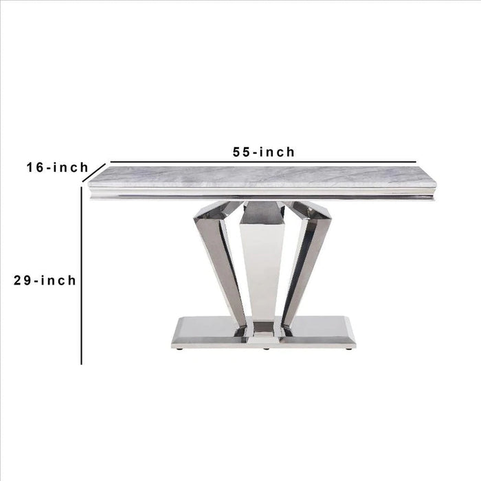 Benzara Sofa Table With Faux Marble Top And Steel Base, Silver BM261691