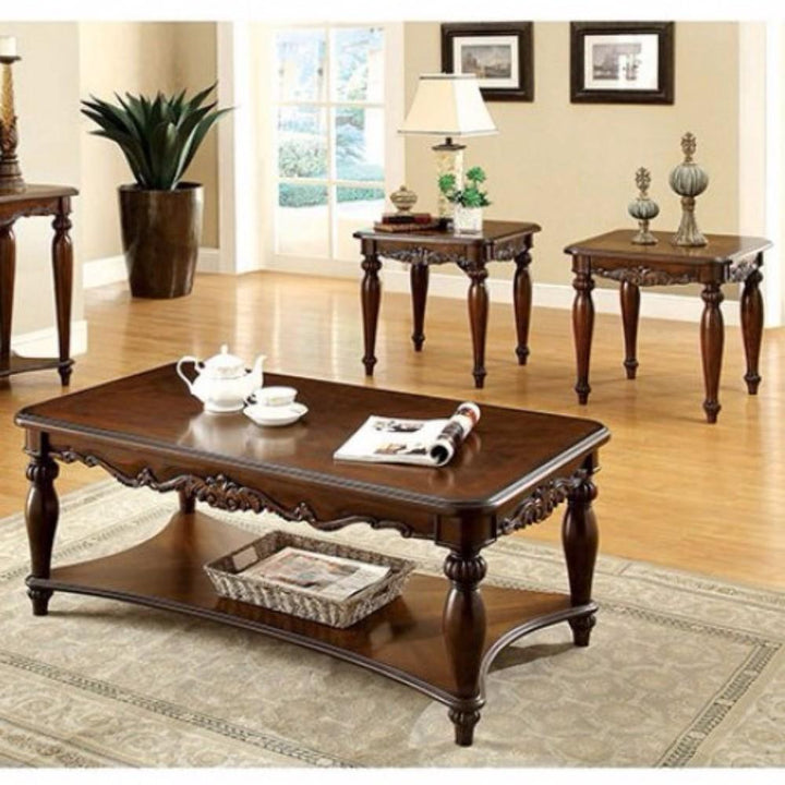 Benzara Wooden Coffee & End Tables Set, Cherry Brown, Pack