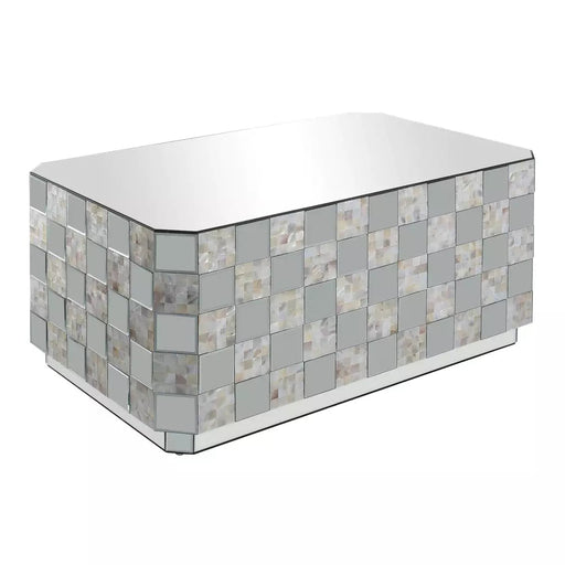 Benzara Wooden Coffee Table With Checkered Pattern Mirror Insets, Silver BM204470