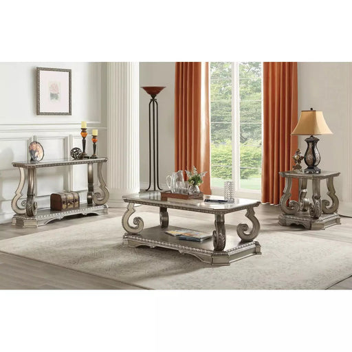 Benzara Wooden Coffee Table With Inserted Glass Top And Scrolled Legs, Silver And Clear BM194278