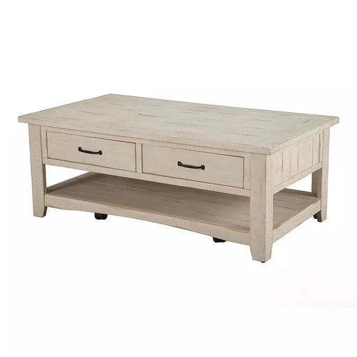 Benzara Wooden Coffee Table With Two Drawers, Antique White BM178126