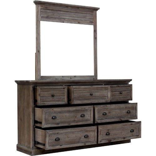 Sunset Trading Solstice Grey 7 Drawer Dresser with Shutter Mirror | Gray/Brown Acacia Wood | Fully Assembled Bedroom Horizontal Chest CF-3030_34-0441