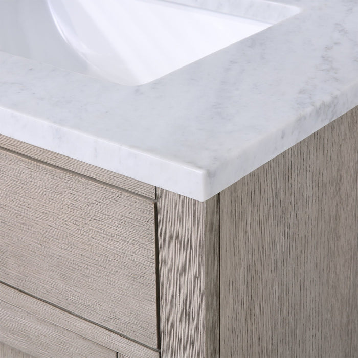 Water Creation Chestnut Chestnut 30 In. Single Sink Carrara White Marble Countertop Vanity In Grey Oak with Grooseneck Faucet and Mirror CH30CW03GK-R21BL1403