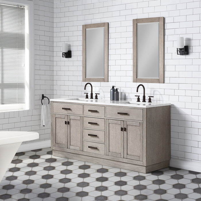 Water Creation Chestnut Chestnut 72 In. Double Sink Carrara White Marble Countertop Vanity In Grey Oak with Grooseneck Faucets and Mirrors CH72CW03GK-R21BL1403