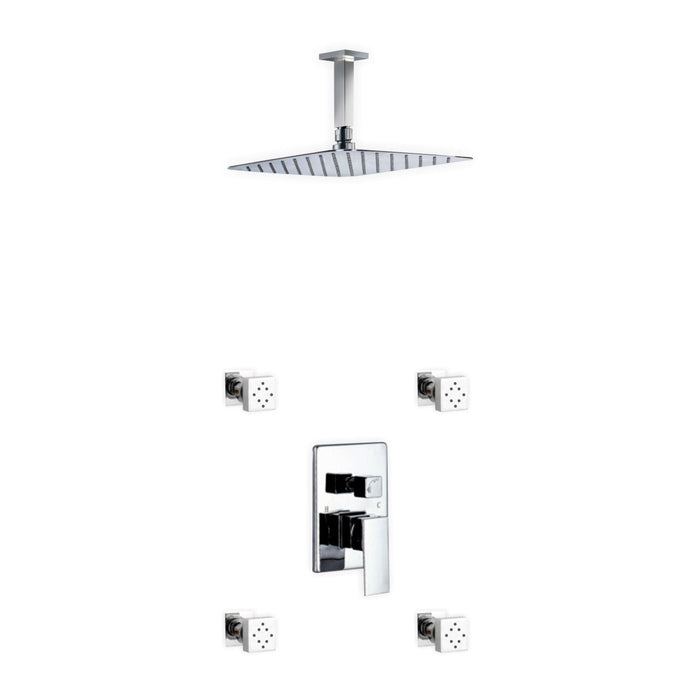 KubeBath Aqua Piazza Shower Set with Ceiling Mount Square Rain Shower and 4 Body Jets
