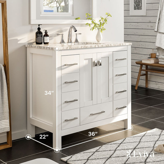 Eviva Hampton 36" Transitional Bathroom Vanity in Gray or White Finish with White Carrara Countertop and Undermount Porcelain Sink