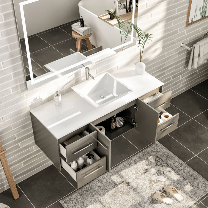 Eviva Totti Wave 48" Modern Bathroom Vanity in Gray, or White, Finish with Super White Man-Made Stone Countertop and Porcelain Vessel Sink
