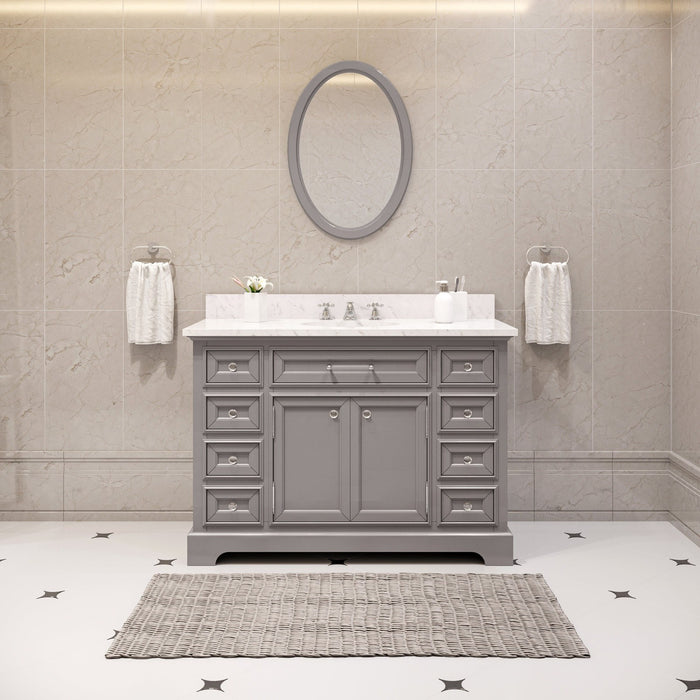 Water Creation Derby 48 Inch Cashmere Grey Single Sink Bathroom Vanity With Matching Framed Mirror And Faucet From The Derby Collection DE48CW01CG-O24BX0901