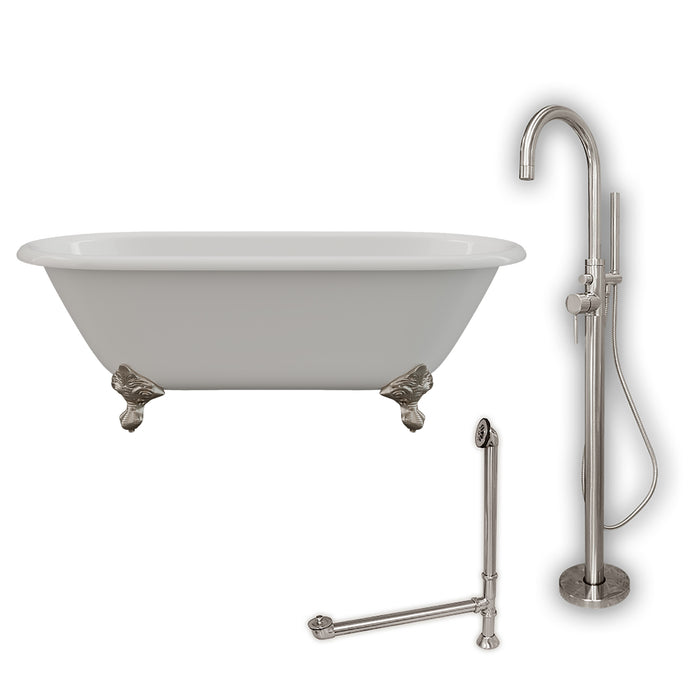 Cambridge Plumbing Cast Iron Double Ended Clawfoot Tub 60" X 30" with no Faucet Drillings and Complete Brushed Nickel Modern Freestanding Tub Filler with Hand Held Shower Assembly Plumbing Package DE60-150-PKG-BN-NH
