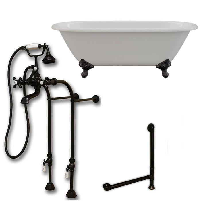 Cambridge Plumbing Cast Iron Double Ended Clawfoot Tub 60" X 30" with No Faucet Drillings and Complete Free Standing British Telephone Faucet and Hand Held Shower Oil Rubbed Bronze Plumbing Package DE60-398463-PKG-ORB-NH