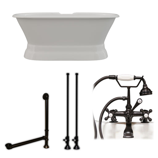 Cambridge Plumbing Cast Iron Double Ended tub on a Pedestal 60 X 30 with Faucet Drillings and Classic Telephone Style 2 Inch Deck Mounted Faucet Complete Plumbing Package in ORB finish DE60-PED-463D-2-PKG-ORB