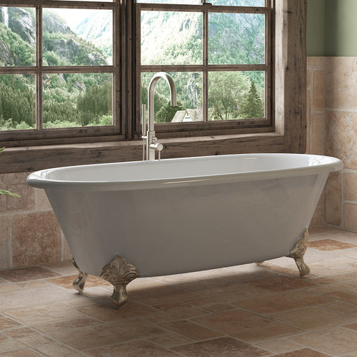 Cambridge Plumbing Cast Iron Double Ended Clawfoot Tub 67" X 30" with no Faucet Drillings and Complete Brushed Nickel Modern Freestanding Tub Filler with Hand Held Shower Assembly Plumbing Package DE67-150-PKG-BN-NH