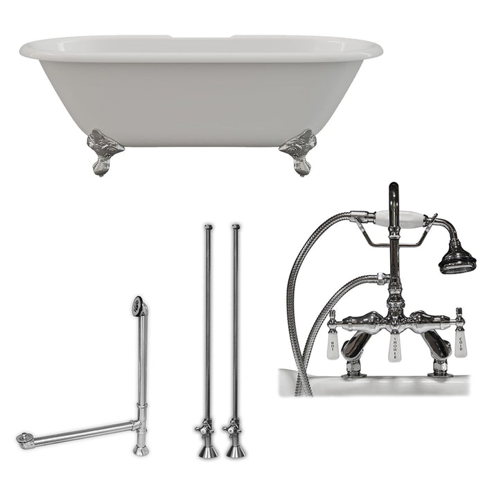 Cambridge Plumbing Cast Iron Double Ended Clawfoot Tub 67" X 30" with 7" Deck Mount Faucet Drillings and English Telephone Style Faucet Complete Polished Chrome Plumbing Package DE67-684D-PKG-CP-7DH
