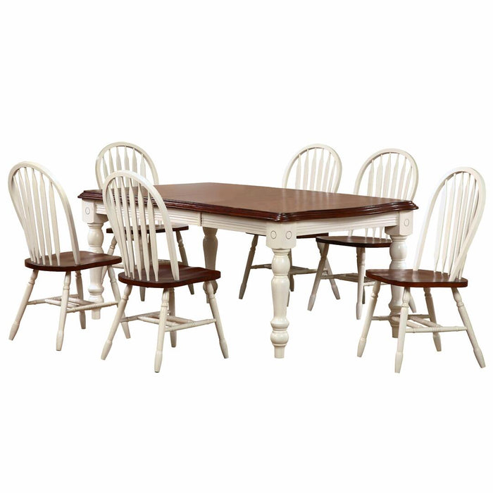 Sunset Trading Andrews 7 Piece 56-72" Rectangular Extendable Dining Set with Windsor Arrowback Chairs | 2 Size Extending Table | Antique White and Chestnut Brown Solid Wood | Seats 8 DLU-ADW4272-820-AW7P