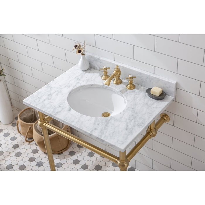 Water Creation Embassy Embassy 30 Inch Wide Single Wash Stand, P-Trap, Counter Top with Basin, and F2-0013 Faucet included in Satin Gold Finish EB30D-0613