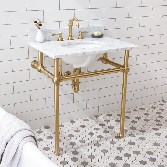 Water Creation Embassy Embassy 30 Inch Wide Single Wash Stand, P-Trap, Counter Top with Basin, F2-0012 Faucet and Mirror included in Satin Gold Finish EB30E-0612