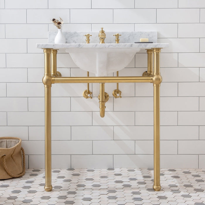 Water Creation Embassy Embassy 30 Inch Wide Single Wash Stand, P-Trap, Counter Top with Basin, F2-0013 Faucet and Mirror included in Satin Gold Finish EB30E-0613