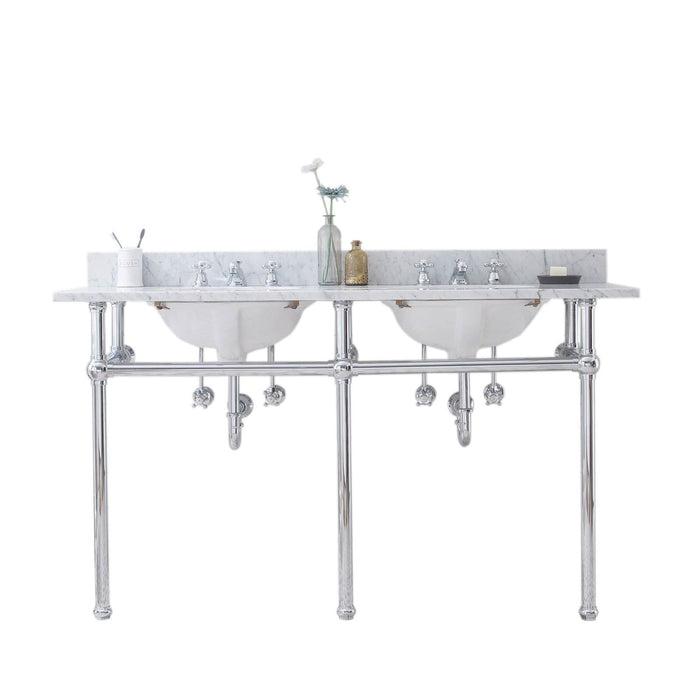 Water Creation Embassy Embassy 60 Inch Wide Double Wash Stand, P-Trap, Counter Top with Basin, and F2-0009 Faucet included in Chrome Finish EB60D-0109