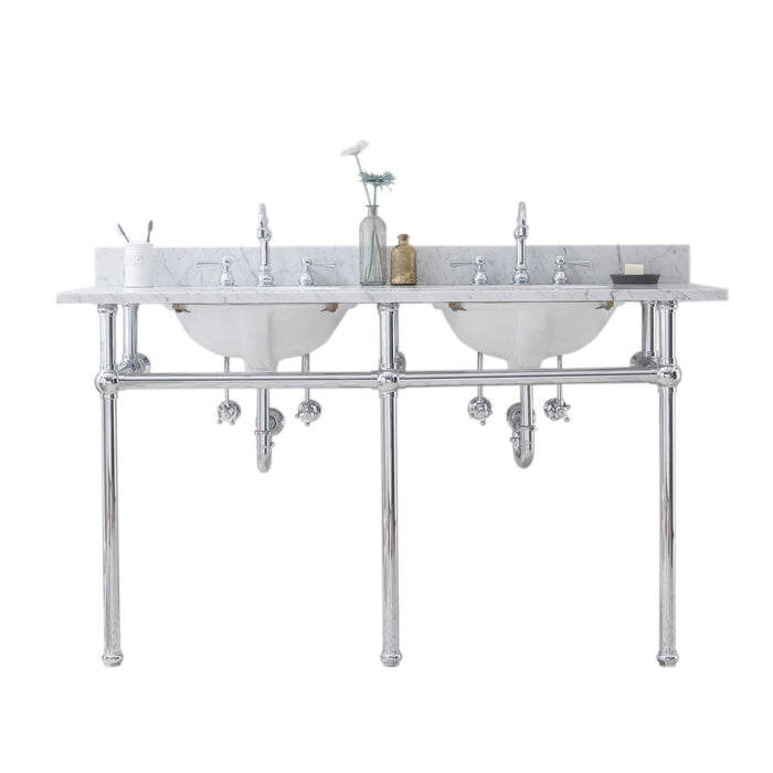 Water Creation Embassy Embassy 60 Inch Wide Double Wash Stand, P-Trap, Counter Top with Basin, and F2-0012 Faucet included in Chrome Finish EB60D-0112