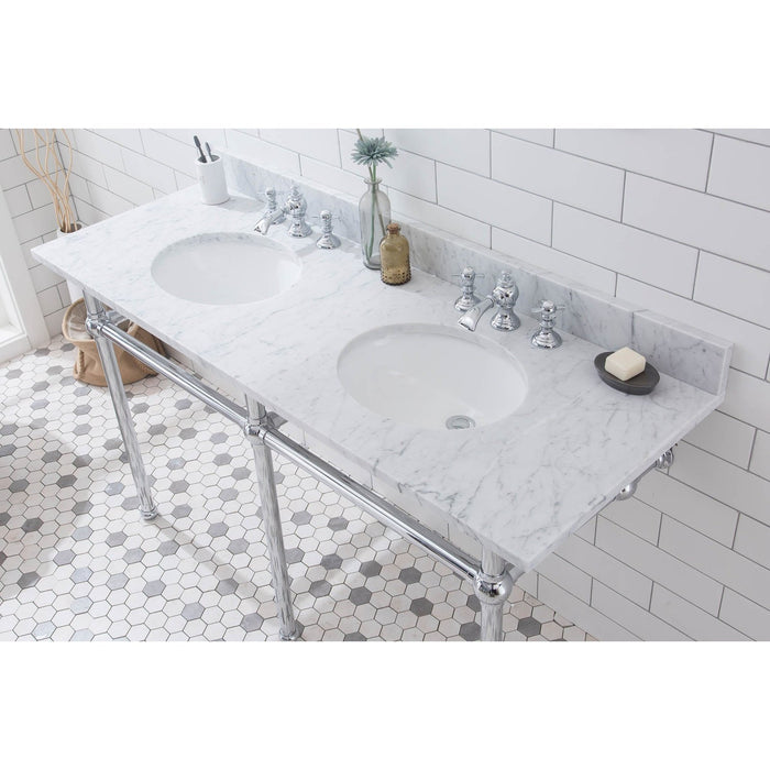 Water Creation Embassy Embassy 60 Inch Wide Double Wash Stand, P-Trap, Counter Top with Basin, and F2-0013 Faucet included in Chrome Finish EB60D-0113