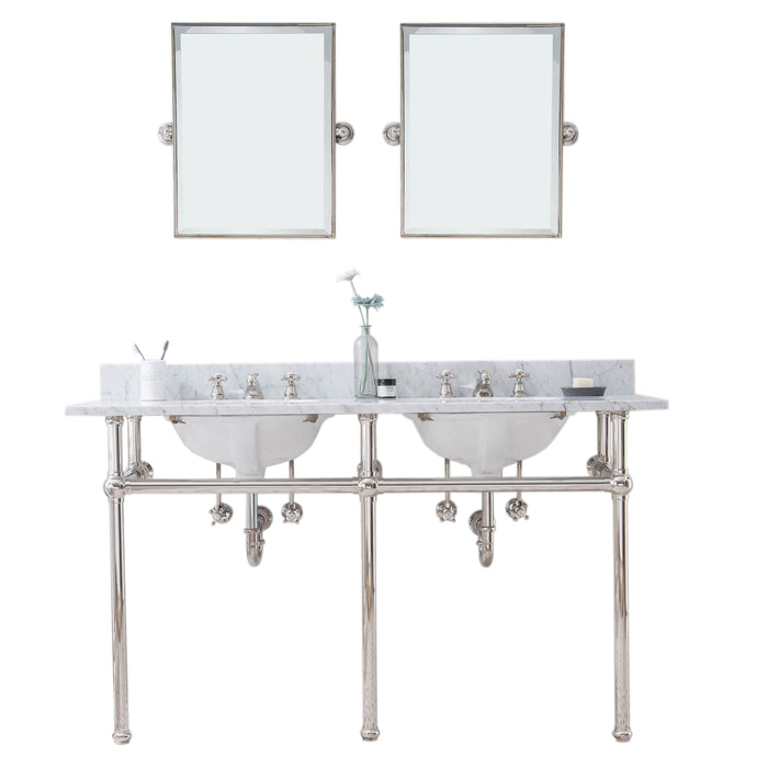 Water Creation Embassy Embassy 60 Inch Wide Double Wash Stand, P-Trap, Counter Top with Basin, F2-0009 Faucet and Mirror included in Polished Nickel PVD Finish EB60E-0509