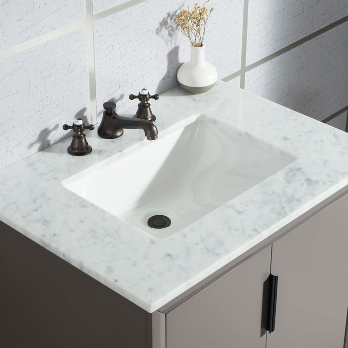 Water Creation Elizabeth Elizabeth 30-Inch Single Sink Carrara White Marble Vanity In Cashmere Grey With F2-0009-03-BX Lavatory Faucet s EL30CW03CG-000BX0903